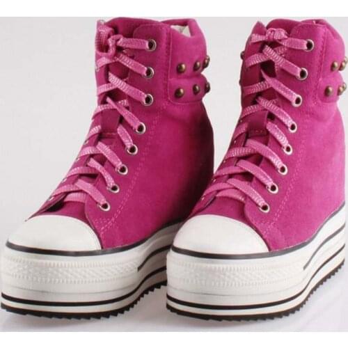 Hot cow suede women rivets high top lace up casual shoes Invisible height increasing ladies ankle boots platform elevator shoes