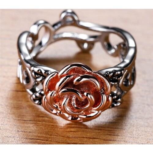 Female Boho Silver Color Ring Antique Rose Gold Flower Ring Vintage Fashion Hollow Rings For Women Wedding Jewelry Promise Bands