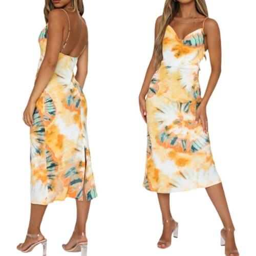 Women Summer Printed Dress, Adults Slim Fit V-neck Backless Spaghetti Strap Floral Printed Back Slit Dresses