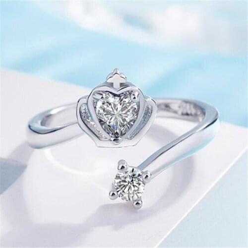 Simple Fashion Heart-Shaped Crown Lady Open Ring Exquisite Crystal Index Finger Ring Accessories Cocktail Party Womens Jewelry