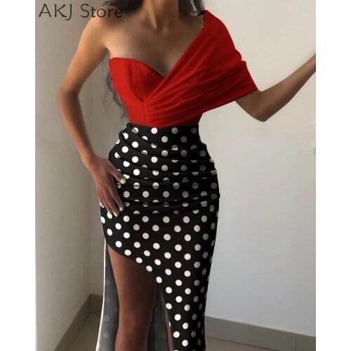 Women Polka Dot One Shoulder Ruched High Slit Party Dress