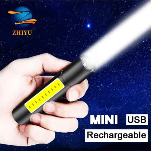 ZHIYU USB Rechargeable MIni LED Flashlight XPE COB Portable 3 Mode Torch Zoom Built in Battery Camping Home Use Flash Lights Hot