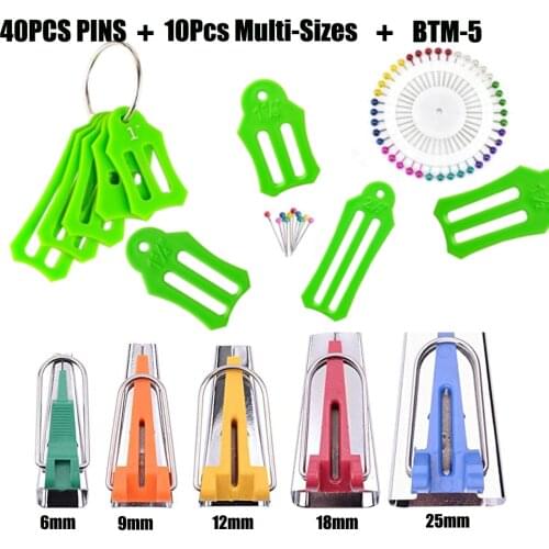 Bias Tape Makers 10PCS Multi-Sizes Folding Fabric and Biasing Strips Roll Tool Set with 40 pcs of Multi-Color Quilting Pins