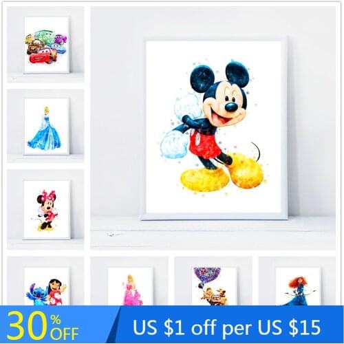 Disney Classic Movie Series MermaidMinnie Mouse Watercolor Painting HD Printing Watercolor Canvas Painting Bedroom Decoration