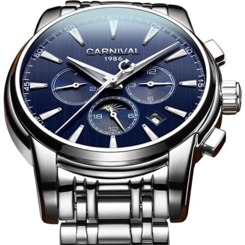 Carnival Mens Multifunction Moon Phase Dial Steel Watchband Automatic Mechanical Watch Wristwatch - silver bezel blue dial