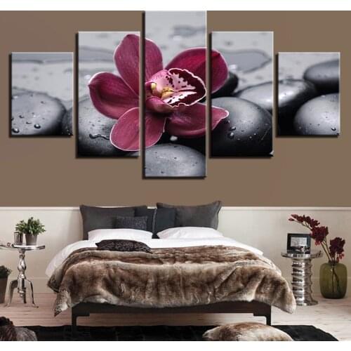 Canvas HD Print Painting Modular Picture Wall Art 5 Panel Purple Orchid Black Pebbles Frame Poster Modern Home Decor Living Room