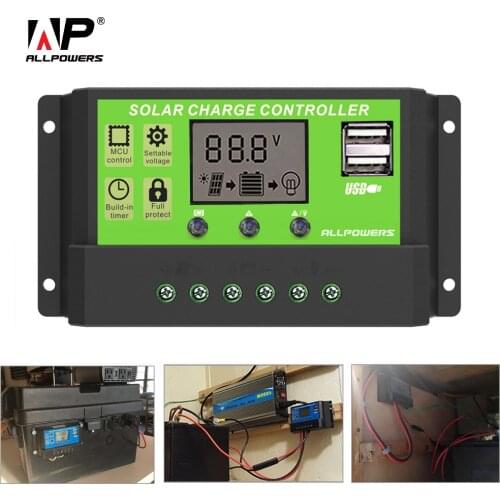 ALLPOWERS 12V 24V 30A LCD PWM Solar Panel Charger Controller Battery PV Cell USB Charger Regulator Lamp 50W 100W 200W 300W 500W