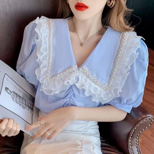 French doll collar lace blouse womens summer design niche sweetness and age reduction short-sleeved chiffon shirt 2021 new