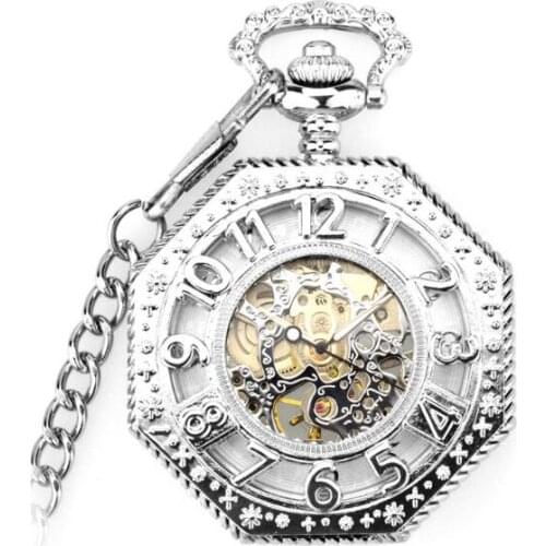 Hot Sell Silver Hollowed Number Mechanical Pendant Pocket Watch Retro Skeleton Octagon Steampunk Open Face Gift Pocket Watch