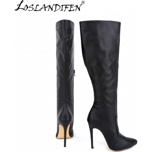 LOSLANDIFEN Womens Winter Boots Fashion Pointed Matte Plush Knee-High Boot Wide Calf High Heels Woman Snow Warm Shoes 769-3MA