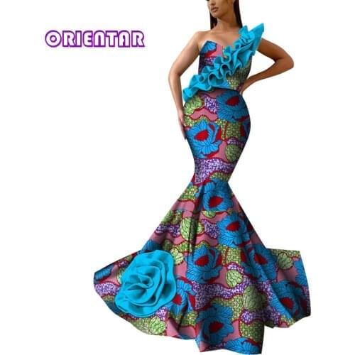Fashion Women Off Shoulder Ankara Dress African Wax Print Long African Dresses with Ruffles Flower Women Robe Africaine WY6954