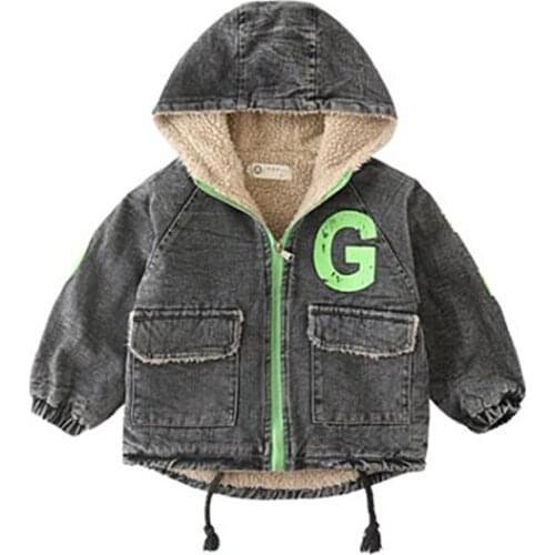 Boys new winter plus cashmere lamb wool hooded cotton jacket baby boy letter printing thick mid-length warm denim cotton jacket