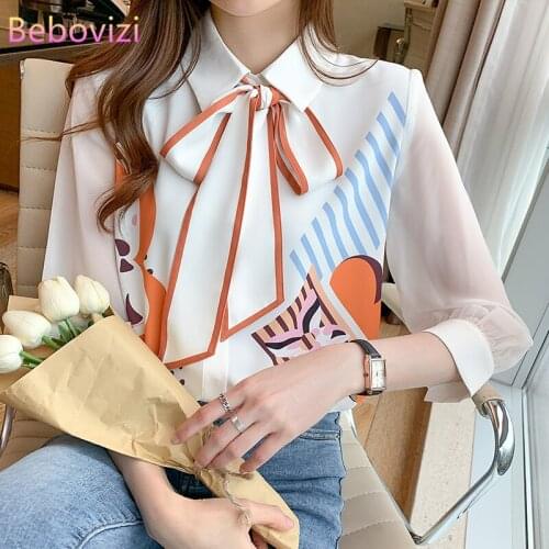 S-XXL INS New 2021 White Fashion Tie Necktie Summer Casual Nine Quarter OL Shirts Tops for Women Office Lady Work Clothes