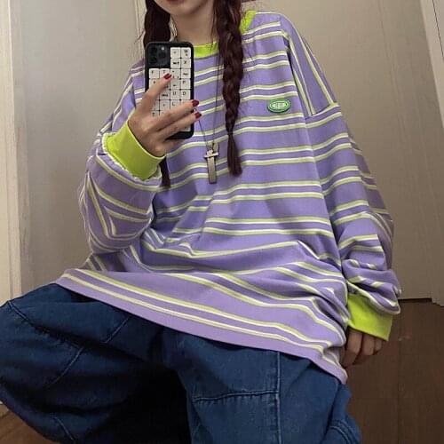 Harajuku Hip-Hop Striped Long T-Shirt Female Stitching Kpop Couple Grunge Clothes y2k Emo Tee Urban Alt Top 2021 Sweatshirt tops