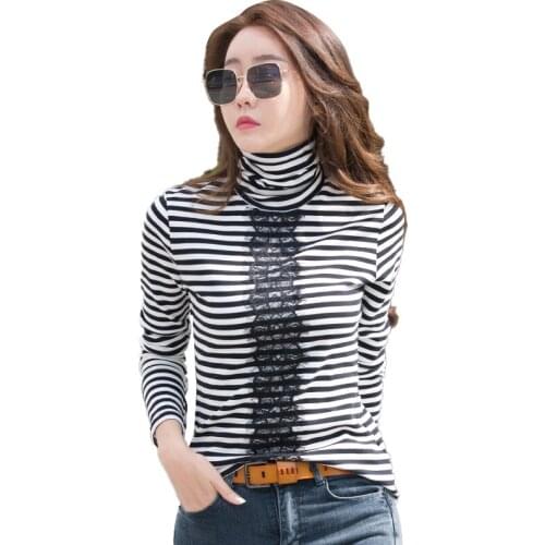 Womens Striped High Collar Lace Patchwork T-Shirt Long-sleeved T Shirt For Female Woman Clothing New Tops Womens Basic Shirt