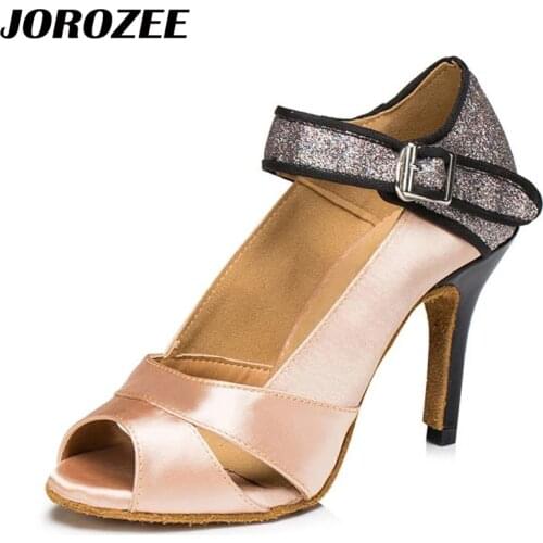 JOROZEE Latin Dance Shoes Womens Skin Satin Salsa Squre Party Ballroom Dancing Shoes High Heel 8.5cm Soft Outsole