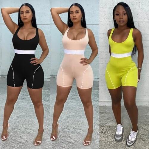 Thorn Tree 2021 New Sexy Women Sleeveless Tank Jumpsuit One-pieces O-neck High Waist Striped Bodycon Sports Rompers Biker Shorts