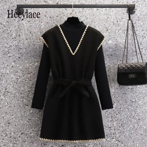 Plus Size 4XL Sets Women French Vintage Fragrance knitted sweater And Vest Dress two-piece suit Autumn Korean Elegant Outfits