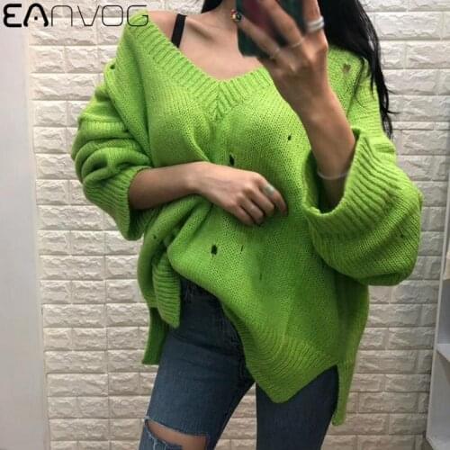 2020 Chic Hole V-neck Loose Sweater Female Long-sleeve Green Thicken Warm Knitting Pullover Woman Knitted Jumper Autumn
