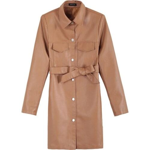 2020 Haute couture leather Outwear Women long coat Ladies leather trench coat NEW Korean style leather jackets Free shipping 129