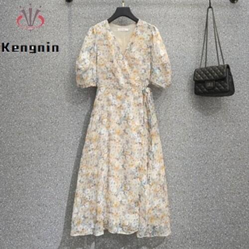 Oversize Summer Dress Women 2021 V Neck Chiffon Lady Vestidos Dress French Style Retro Puff Sleeve With Lining Robe KE1265