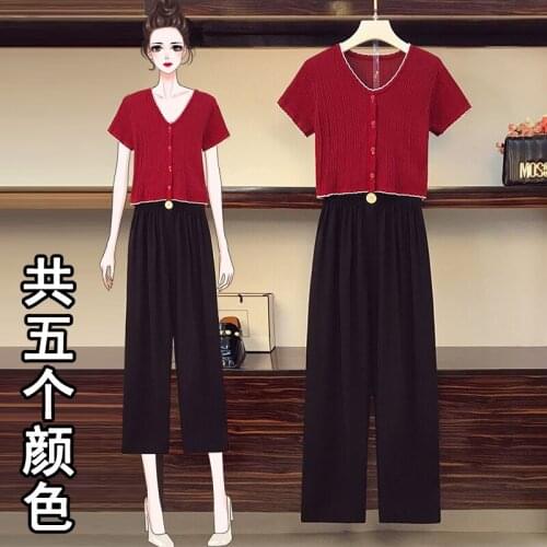 Make the new 2021 summer big yards micro fat mm fashion knitting coat show thin wide-legged pants suit minus age 8037