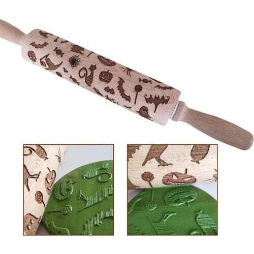 1Pc Solid Wood Rolling Pin Halloween Pumpkin Spider Bat Pattern Embossing Rolling Pin Baking Tools Cake Dough Engraved Roller