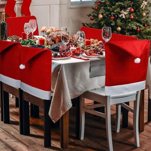 6PCS Non-woven Christmas Festival Chair Cover Dining Fabric Red Hat with Ball Back Chair Cover for Kitchen Decorative New Year