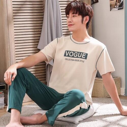 6535cotton O-Neck Pullover Short Sleeve Long Trousers Pajama Jams Jammies Man Boy Casual Sportif Sleepwear Nightwear Pyjamas HDE