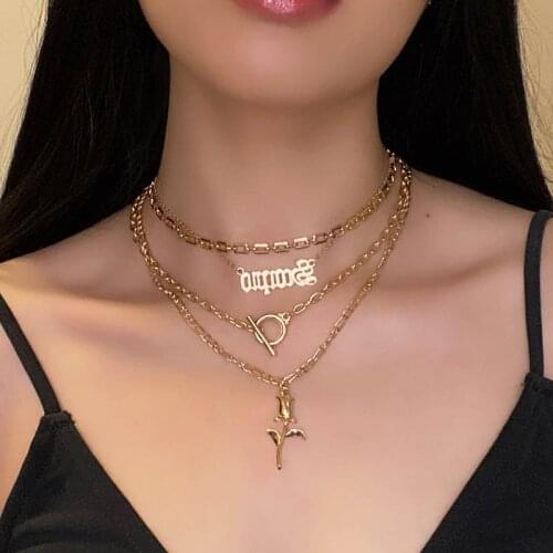 Vintage Multilayer Letters Rose Flower Pendant Necklace for Women Temperament OT Buckle Geometric Chains Necklace Party Jewelry