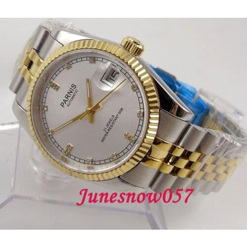 Parnis 36mm White dial golden Diamond-like marks sapphire glass 21 jewels MIYOTA Automatic movement Mens watches women 598