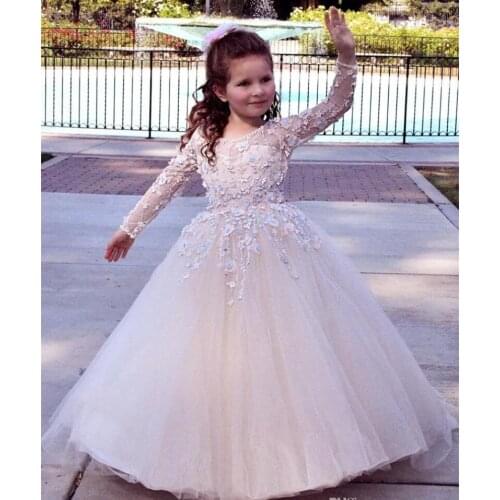 Flower Girl Dresses For Weddings Long Sleeves Fluffy Tulle Appliques Lace First Communion Girls Pageant Dresses