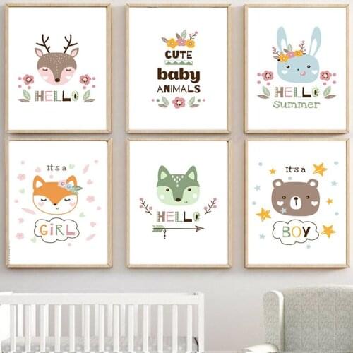 Cute Baby Animals Cartoon Animal Decorative Painting Children Kindergarten Wall Picture for Living Room Baby Room Decor Nursery