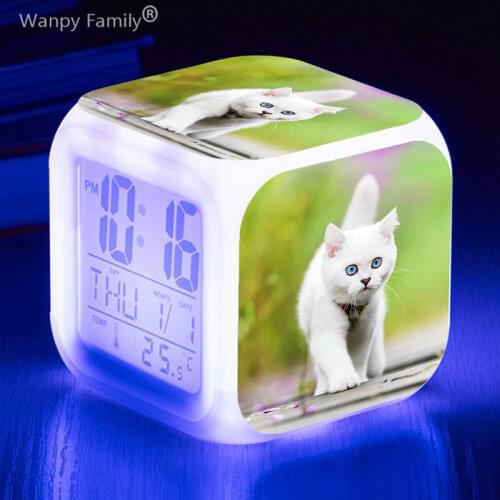 Cute Cats Alarm Clock LED 7 color Flash Digital Alarm Clock for kids christmas gift luminous color changing flash watches clocks
