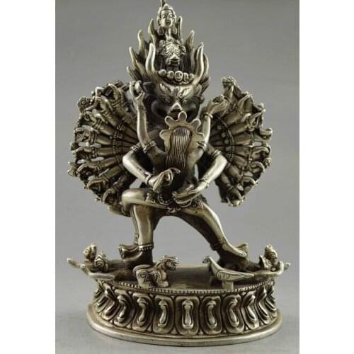 Elaobrate Collectible Decorated Old Handwork Tibet Silver Carved Yamantaka Buddha Statue