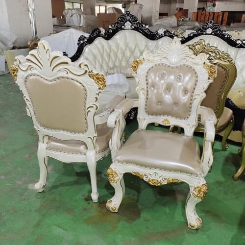 European Leather Armrest Chair Solid Wood Ivory White Dining Chair Double-sided Carved Hotel Large Apartment Master Armchair