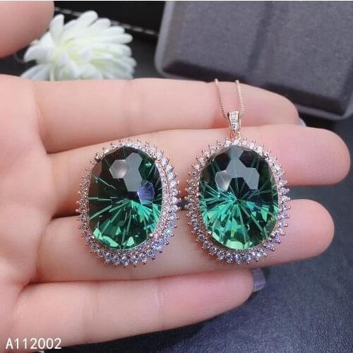 KJJEAXCMY fine jewelry Green crystal 925 sterling silver women gemstone pendant necklace chain ring set classic