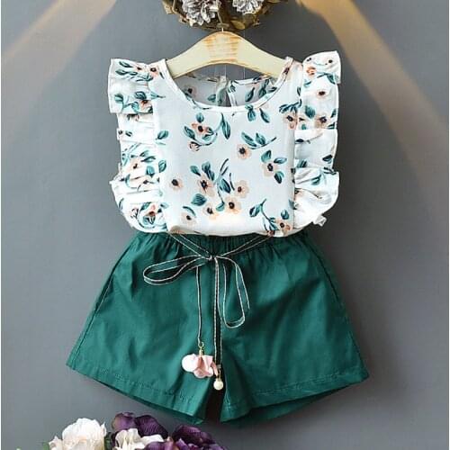 Girls Sets Summer Floral Children Sleeveless T-shirt+Solid Shorts 2PCS Kids Suit Fashion 3-7T Children Clothes