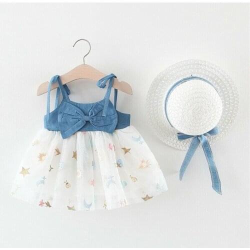 Summer Toddler Infant Kids Baby Girls Clothing Denim Strap Sleeveless Suspender Lace Dress Princess Children Tutu Dress With Hat