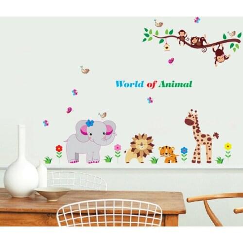 Cartoon Animals World Wall Stickers For Children Baby Rooms Decoration Elephant Lion Giraffe Monkey Jungle Decals on the Wall