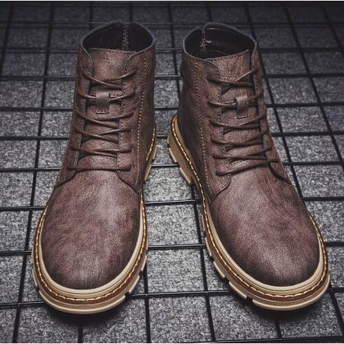 2019 new mens boots leather autumn leather shoes mens high-top lace-up work boots winter boots plush fur warm cowboy boots