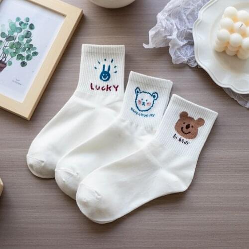 New Cartoon Womens Breathable Cotton Socks White Cute Bear Lovely Animal Pattern Girl Sock Combed of Pure Cotton Female Socks