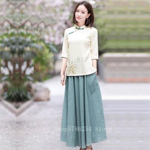 Women Traditional Chinese Style Qipao Dress Vintage Embroidery Top Shirt Elegant Linen Summer Skirt Oriental Costume Tang Suit