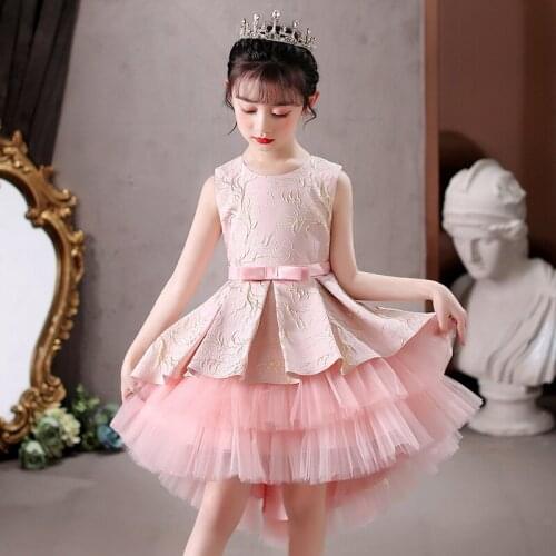 Girls dresses retro banquet embroidered lace mesh cake dress tail princess dress baby girl party wedding dress girl tulle dress