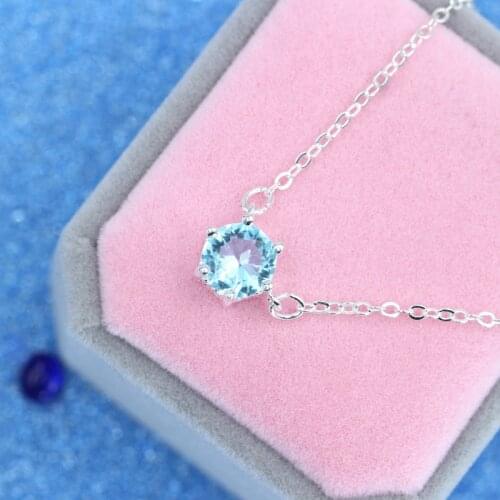 Simple Female Bule Crystal Pendant Necklace Fine Charm Diamond Chain Necklaces for Women Cute Bridal Round Wedding Necklace