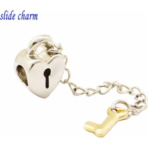 Slide charm Free shipping Golden Keys with love lock Valentines Day charm beads fit Pandora bracelet