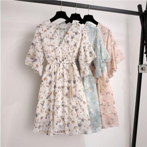 Платье Spring Summer Chiffon Women V-Neck Floral Print Short Dresses Sweet Ruffle Sleeeve Slim 2021 New Drawstring Ladies Dress