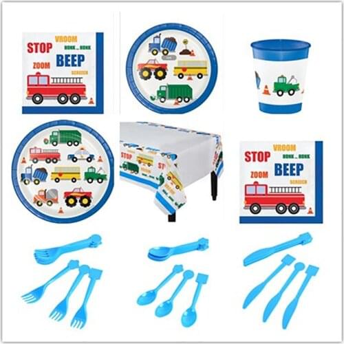 New Car Fire Truck Pattern Party Disposable Tableware Decor Tissue Paper Plate Cup Napkins Straw Birthday Wedding Adult Supplies