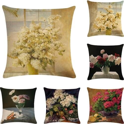 Vintage Flower Cushion Cover Cotton Linen Floriculture Pillowcase Home Office Oil Painting Decorate 45x45cm Throw Pillow Cover