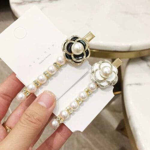 Korea Crystal Pearl Hairpin Enamel Camellia Hair Clips for Women Long Strip Hair Pin Bride Brand Jewelry Elegant Accessories